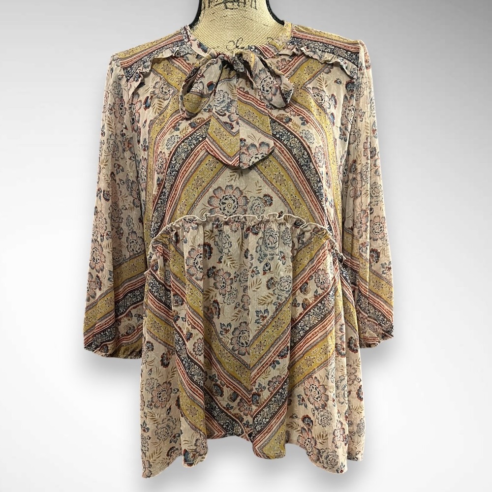 KNOX ROSE Floral Bohemian Lightweight 3/4 Sleeve Pink Navy Blouse Medium | EUC